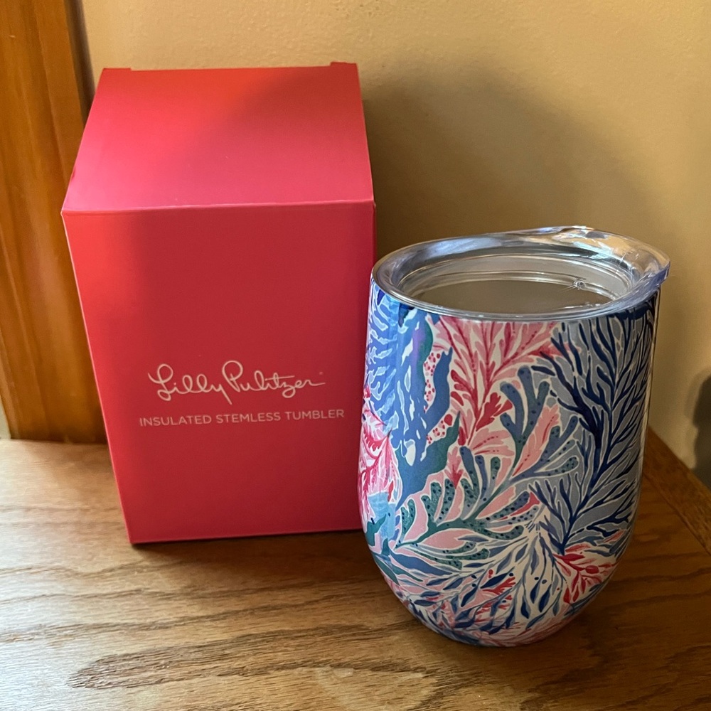NWT Lilly Pulitzer Insulated Stemless Wine Tumbler Kaleidoscope Coral 12oz
